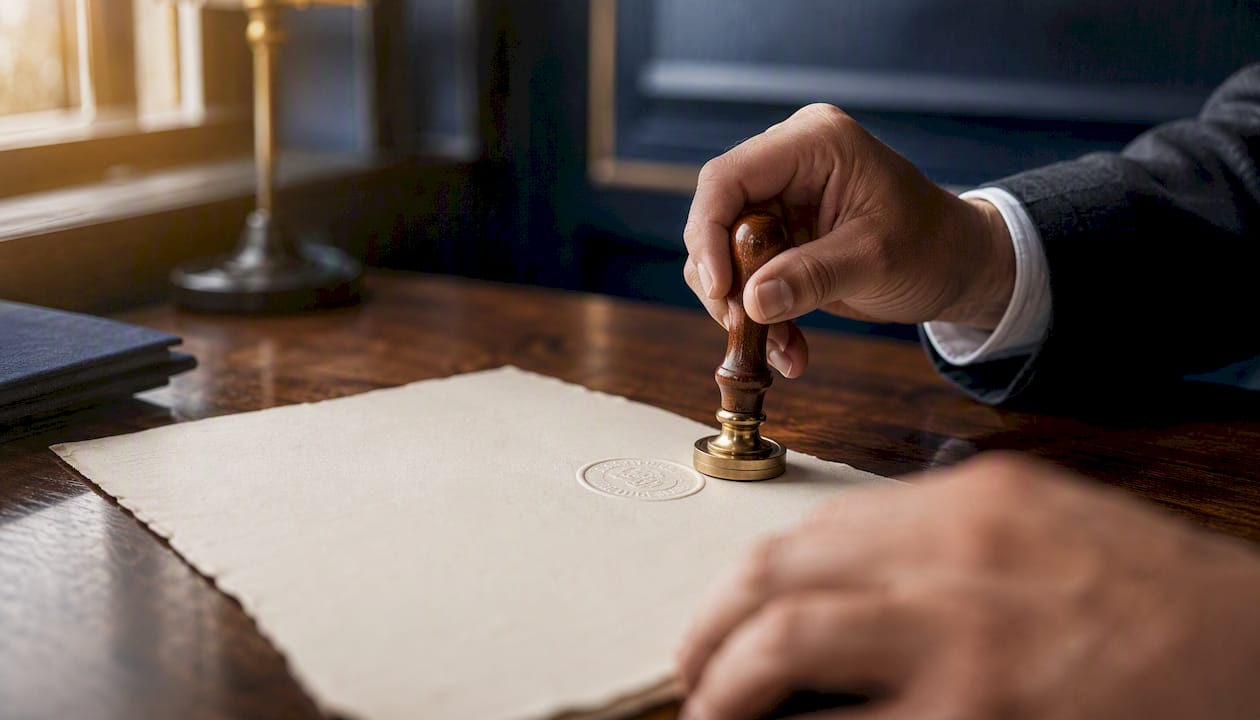 Notary stamping diploma with seal impression