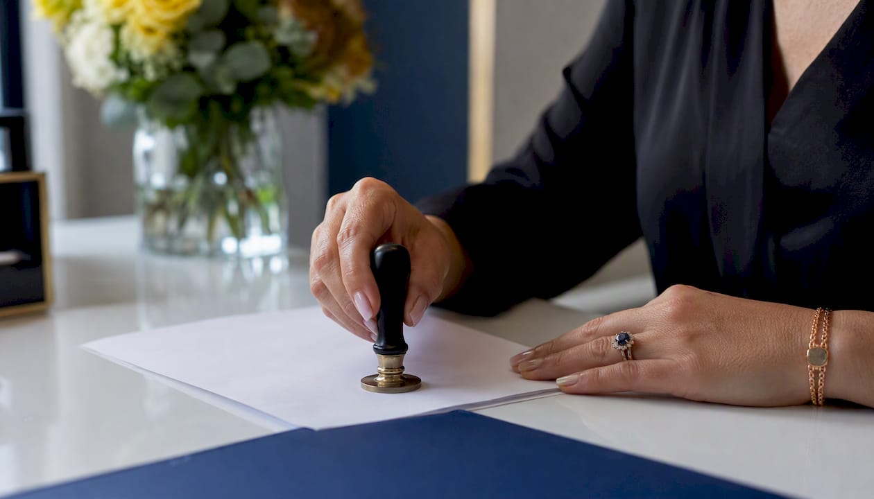 Hands inspecting notary seal and stamp