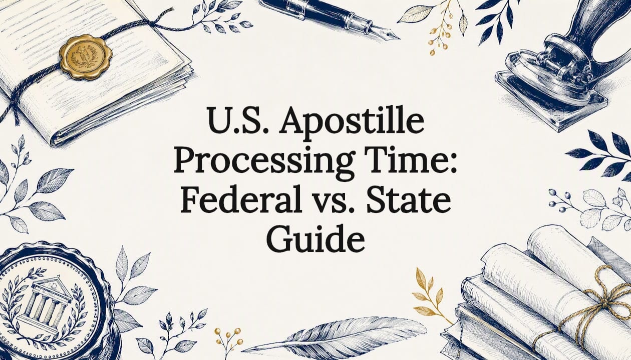 Decorative title card illustration for apostille processing article