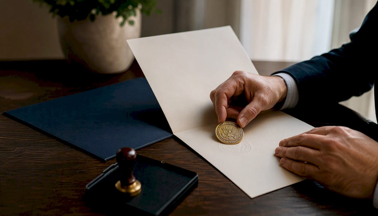 Hands placing embossed seal on document