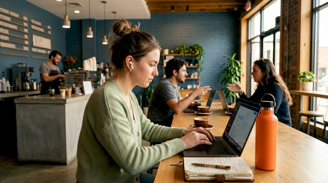 Digital nomad working in busy urban café