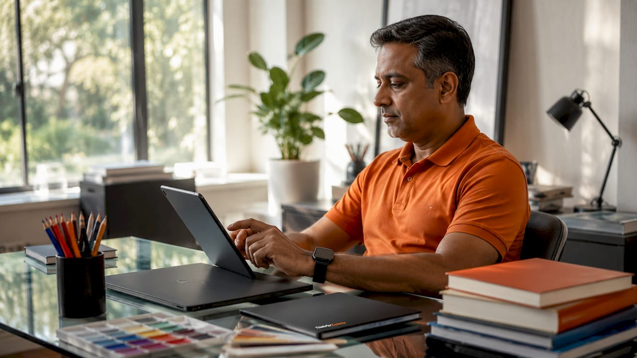 Man reviewing cloud portfolio tools indoors