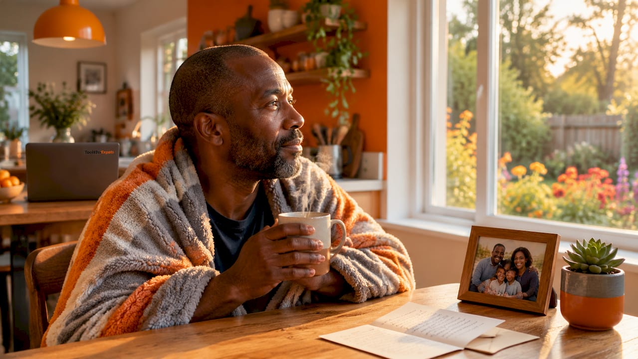 Man wrapped in blanket gazing out window thoughtfully