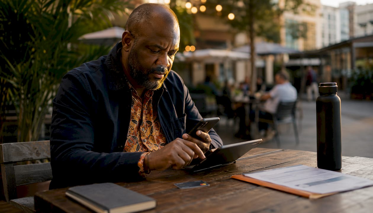 Man setting up banking for relocation