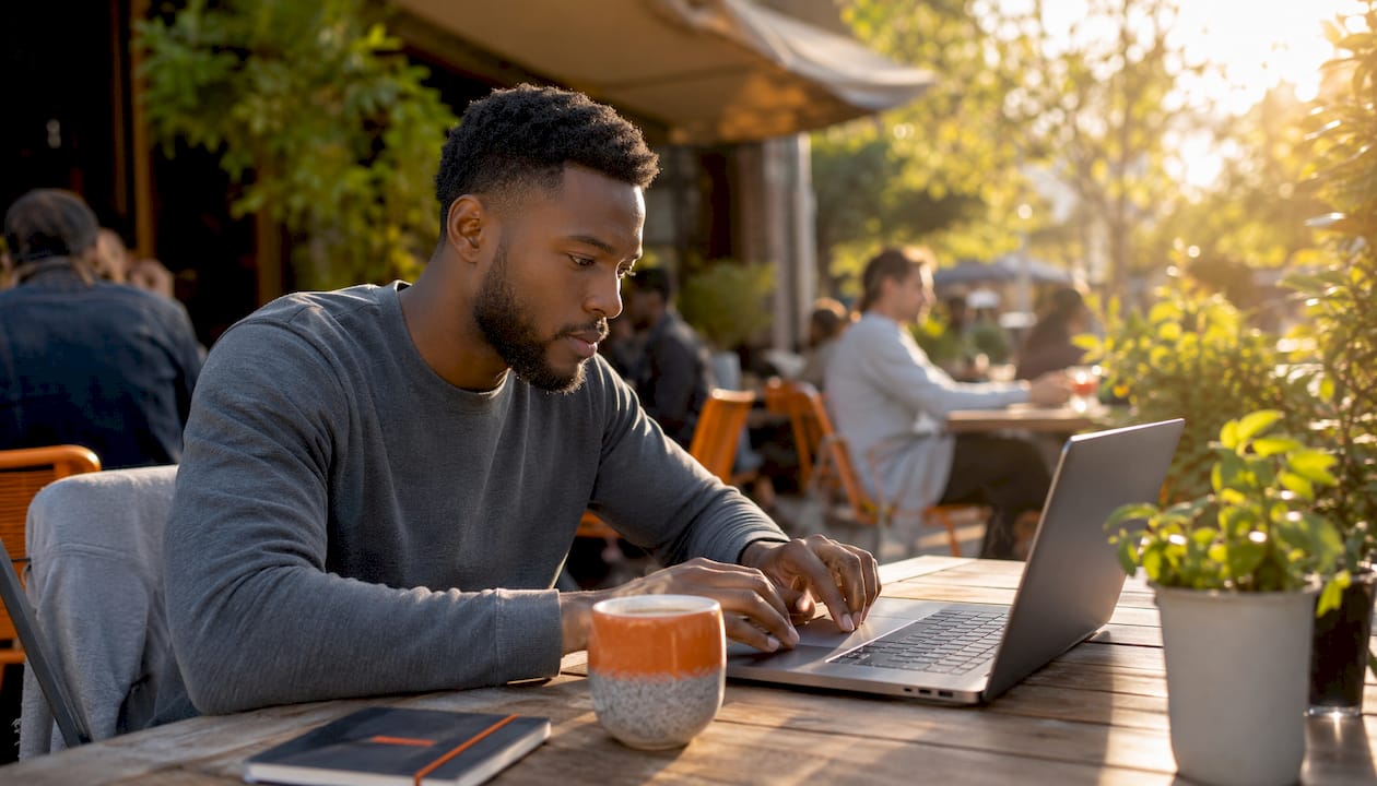 Freelancer focused on laptop at home office
