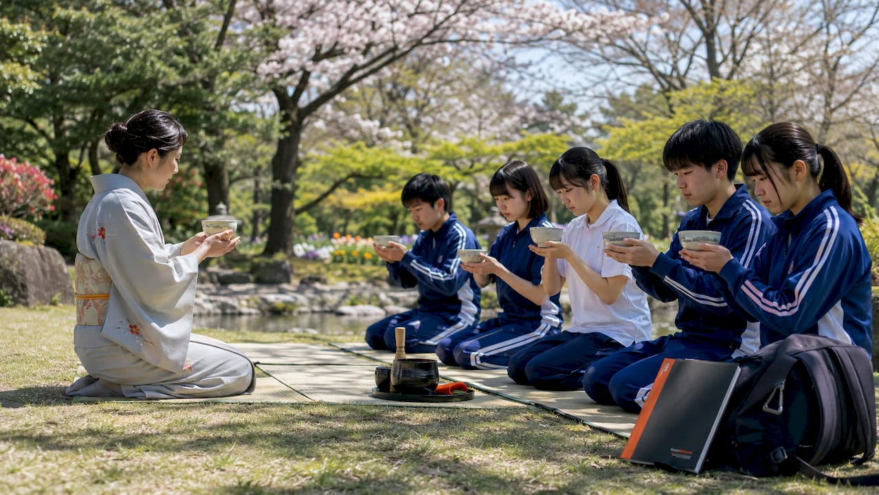 Japanese high school club practicing tea ceremony outdoors