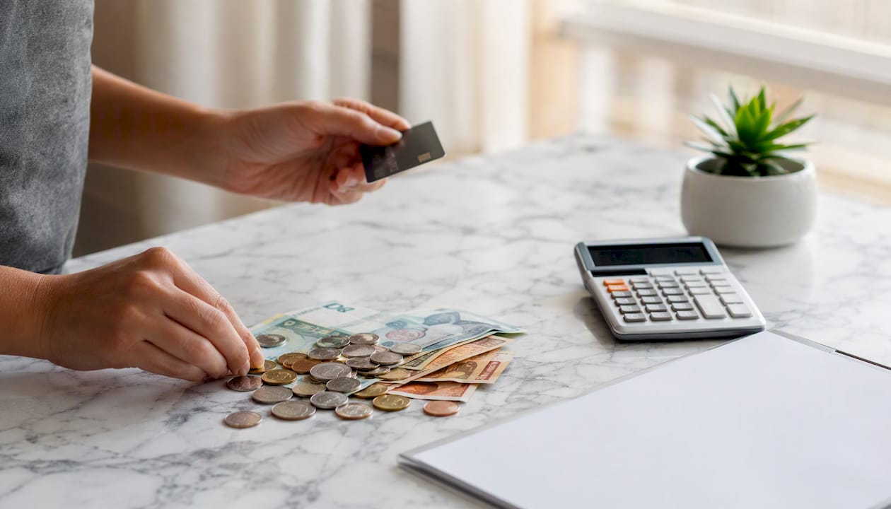 Hands counting money with calculator for rental deposit