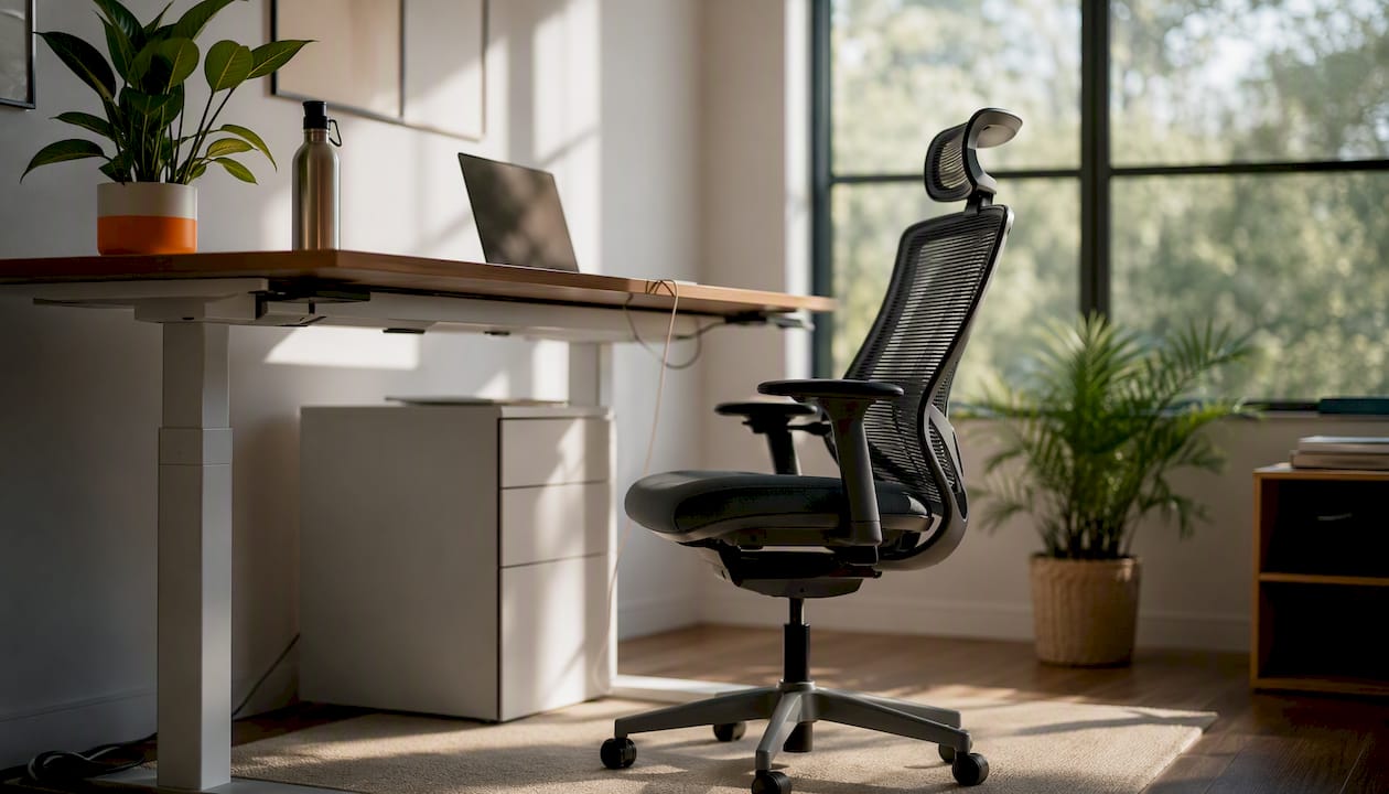 Ergonomic desk and chair in coworking space
