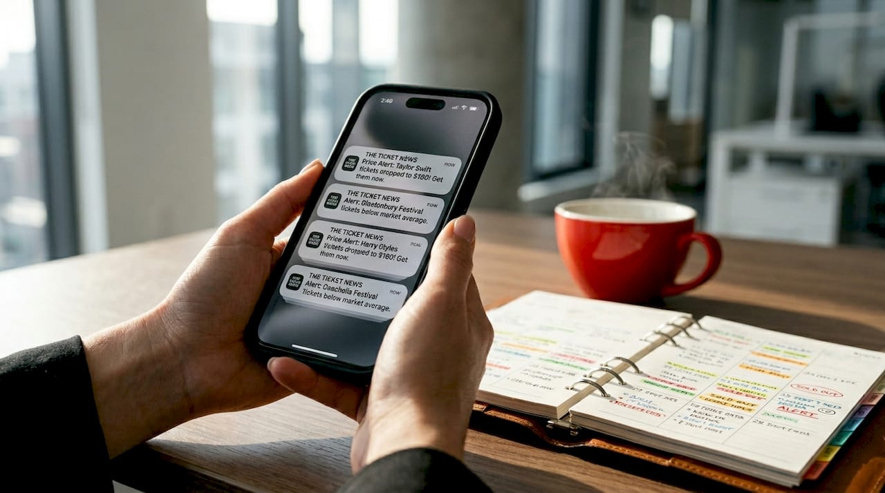 Smartphone showing concert ticket price alerts