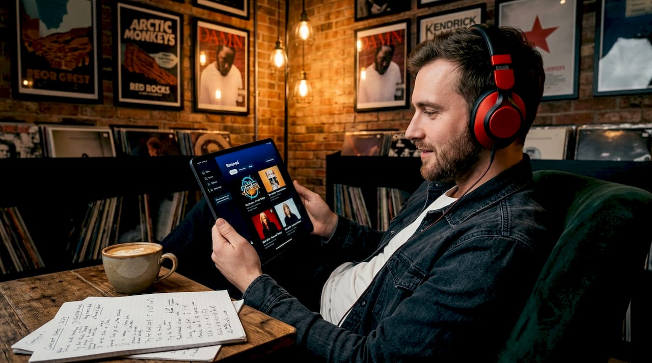 Man browsing Spotify Reserved concert tickets at home