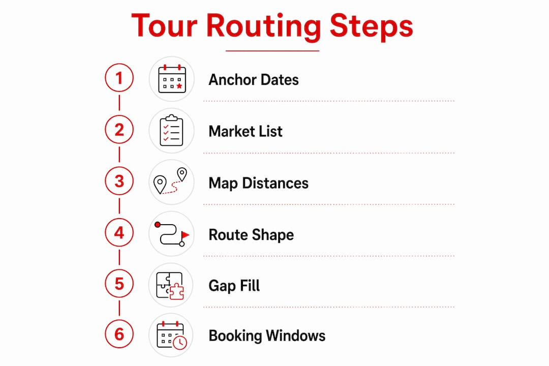 Infographic showing concert tour routing step sequence