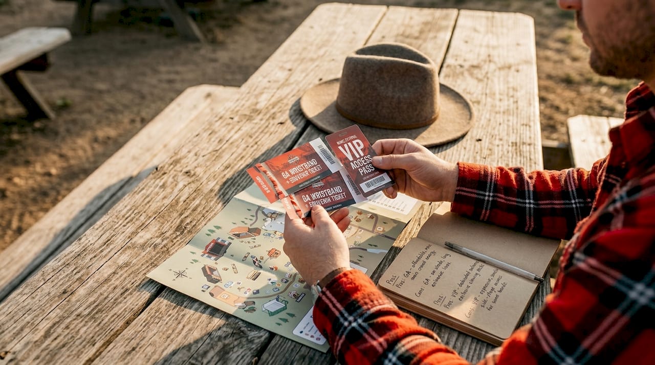 Hands comparing different music festival tickets outdoors