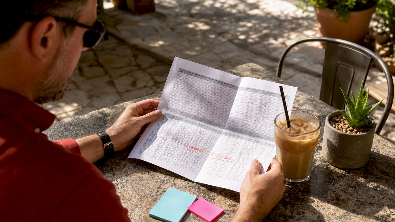 Hands flipping through concert tour itinerary