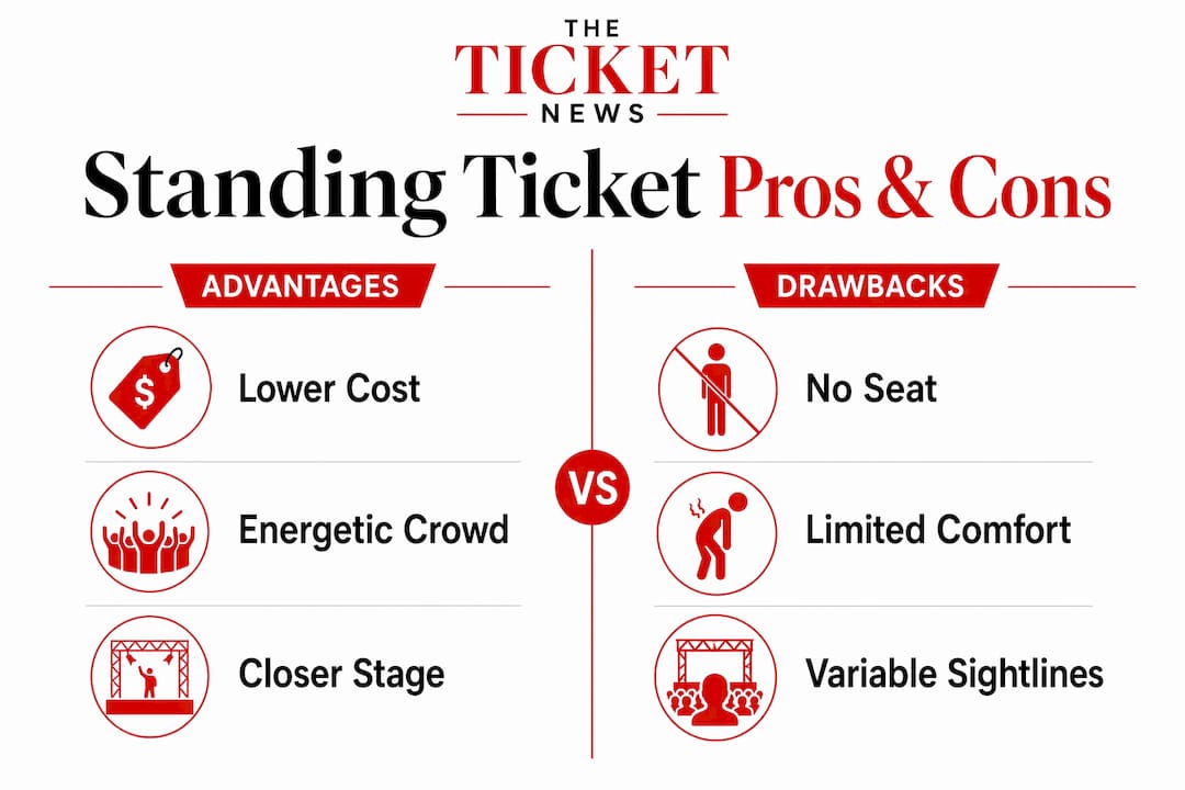 Infographic comparing advantages and drawbacks of standing tickets