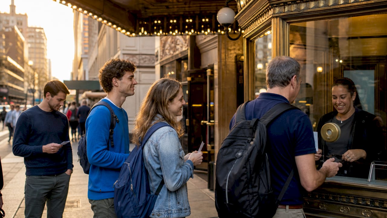 Audience waiting in line at Broadway theater box office