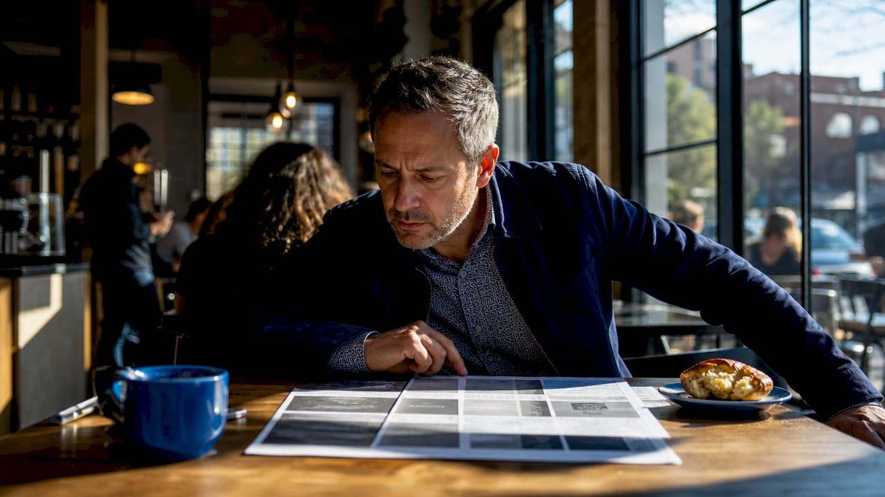 Man reviewing theater ticket pricing documents at desk