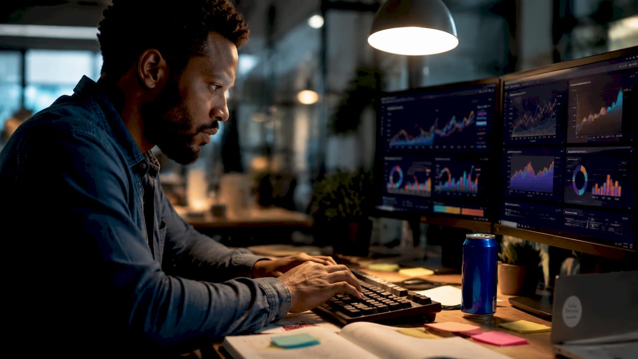 Man coding on self-hosted ticketing platform in IT office