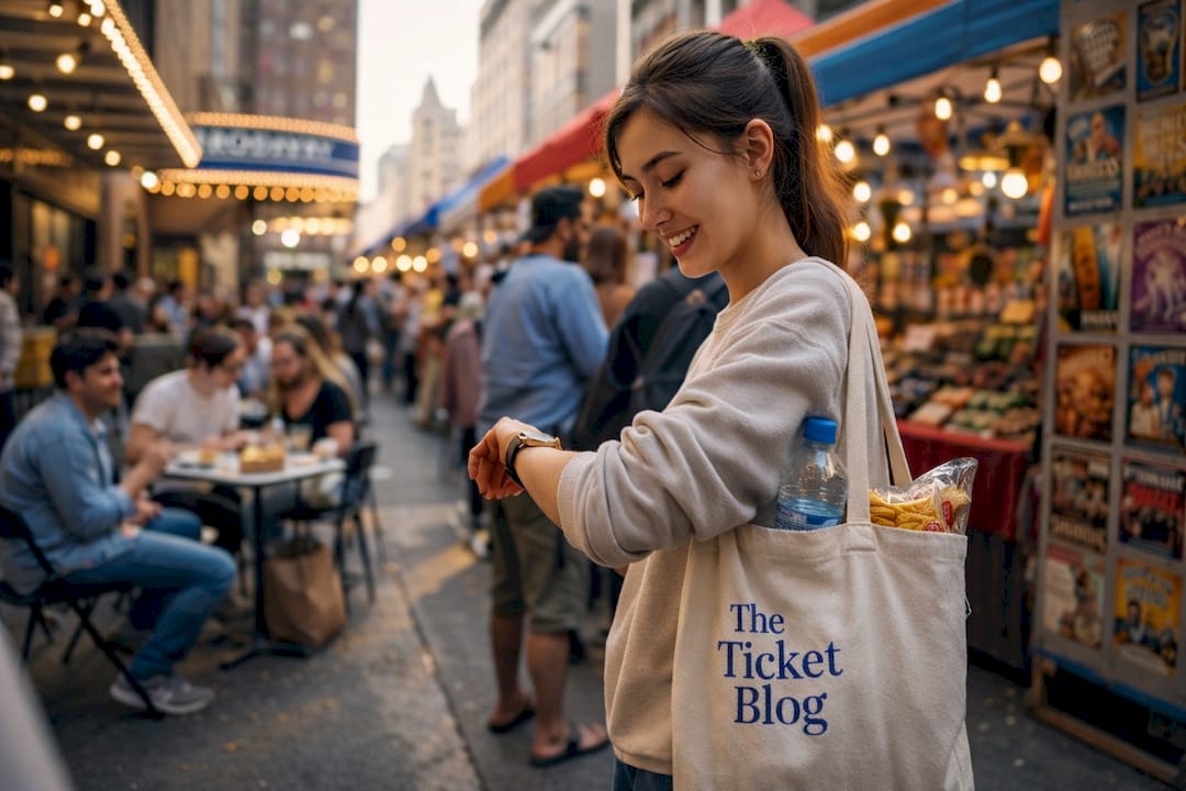 Young woman lining up for Broadway rush ticket