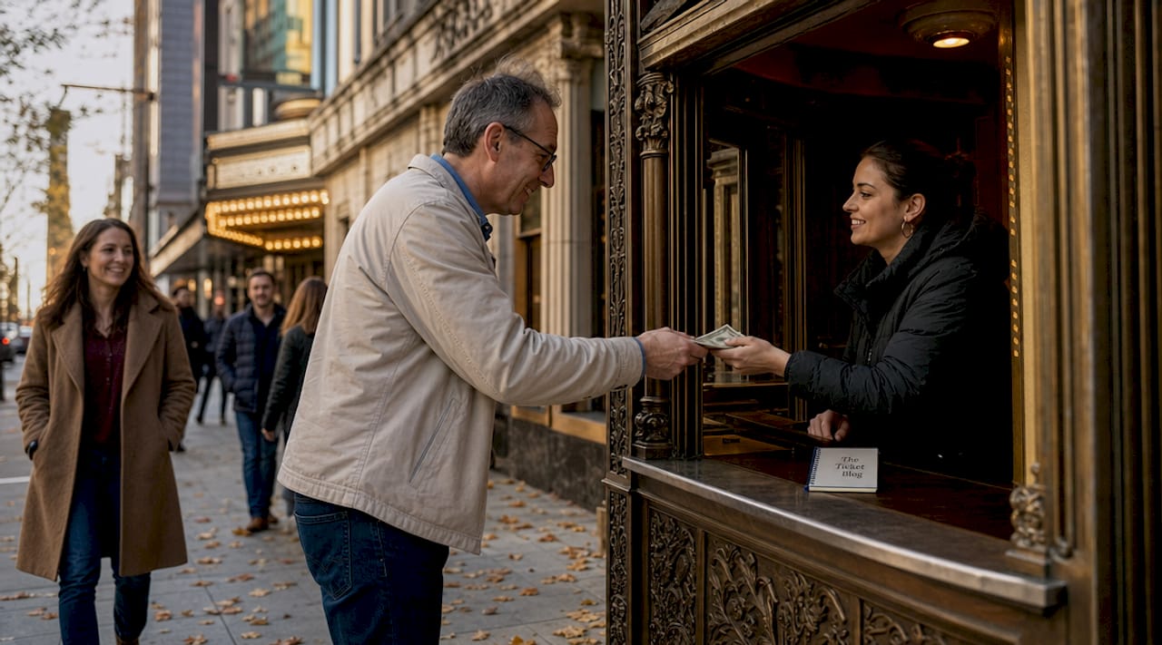Man buying in-person rush ticket at counter