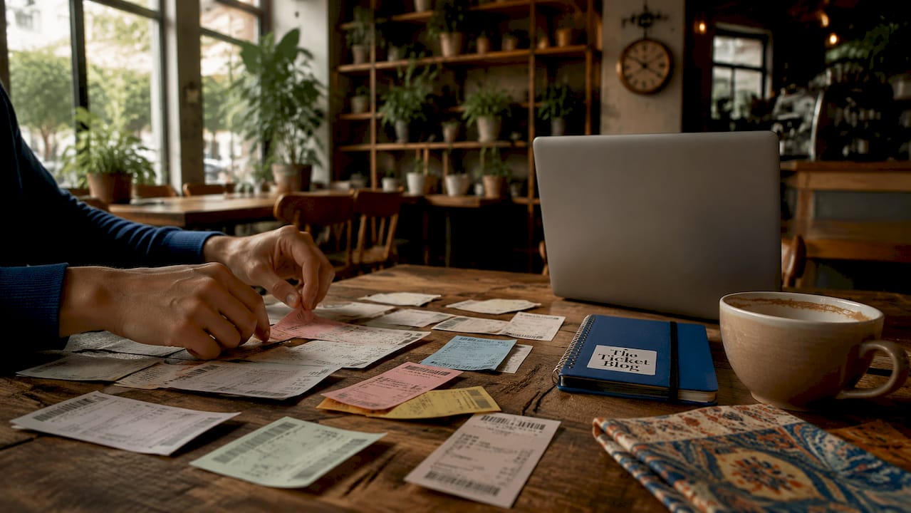 Hands sorting concert tickets and fee receipts
