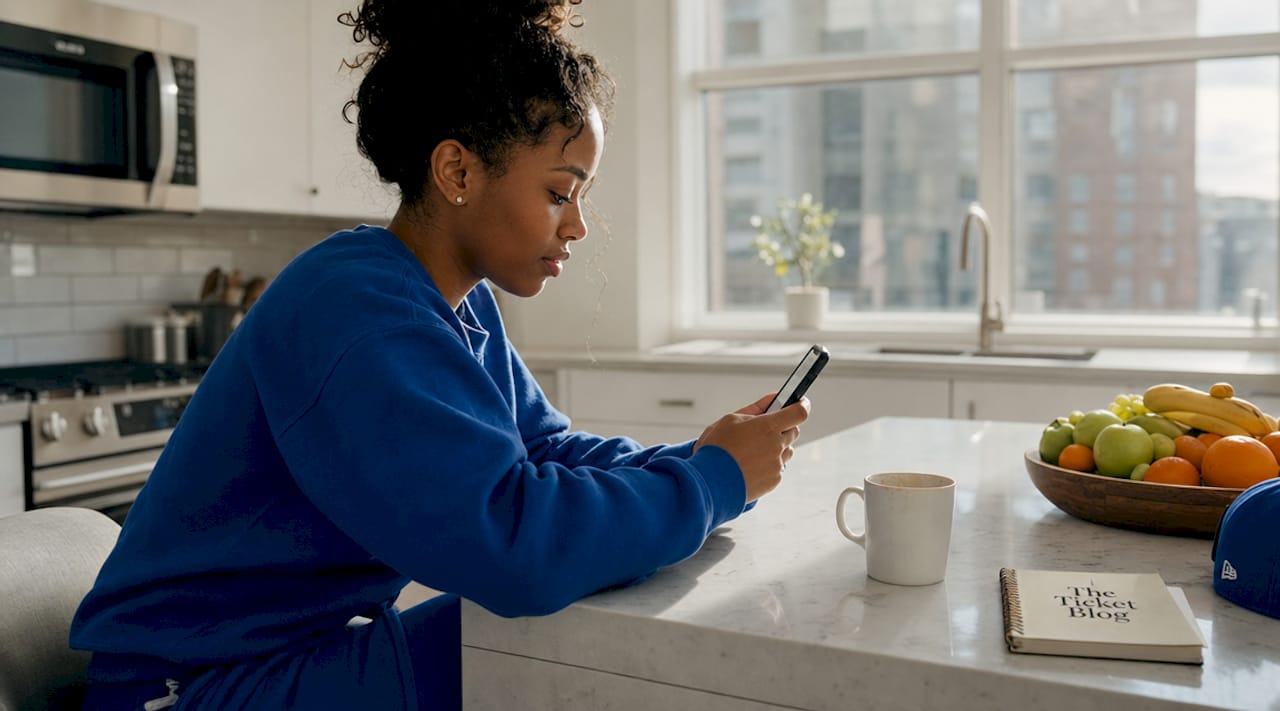 Woman browsing sports flash sale tickets on phone