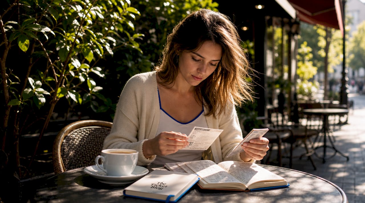 Woman reviewing printed tickets and receipts at café