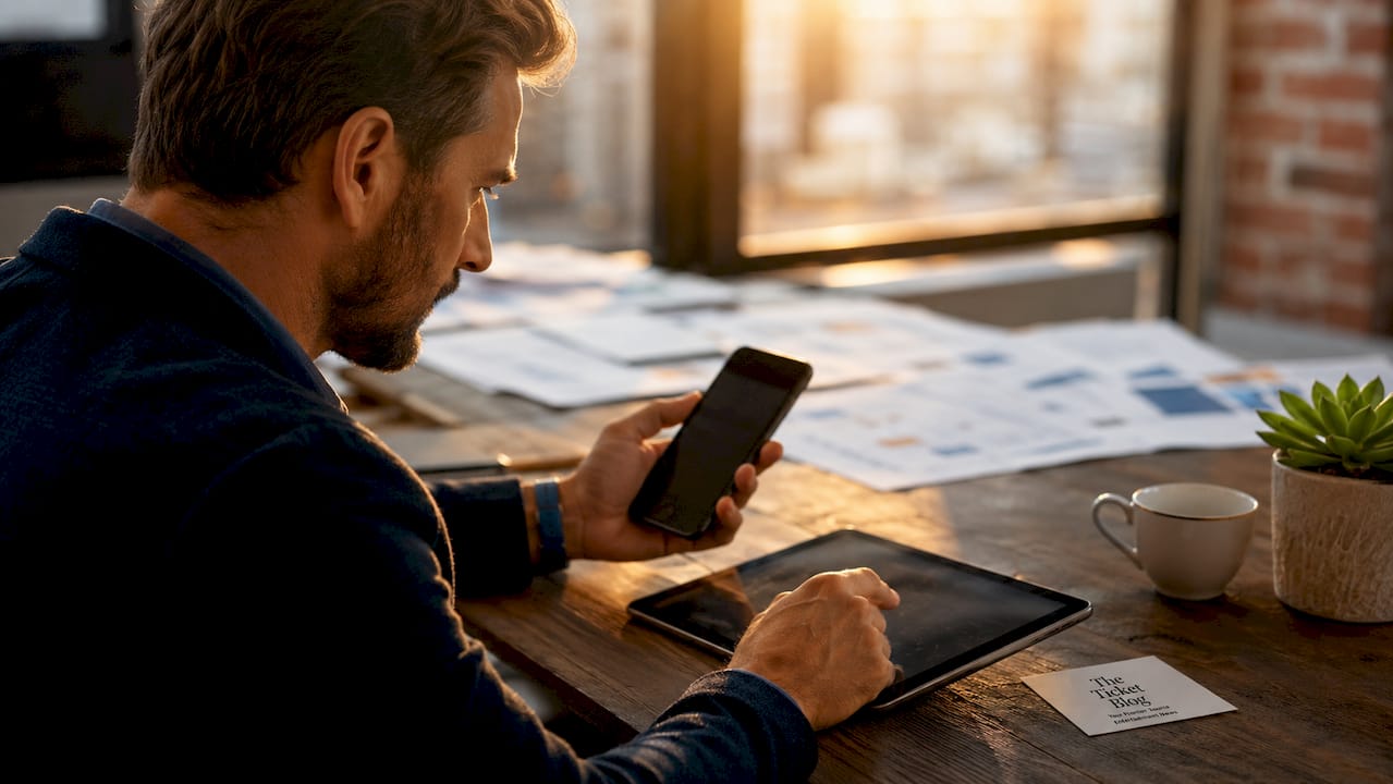 Event organizer reviewing private sales on devices overhead