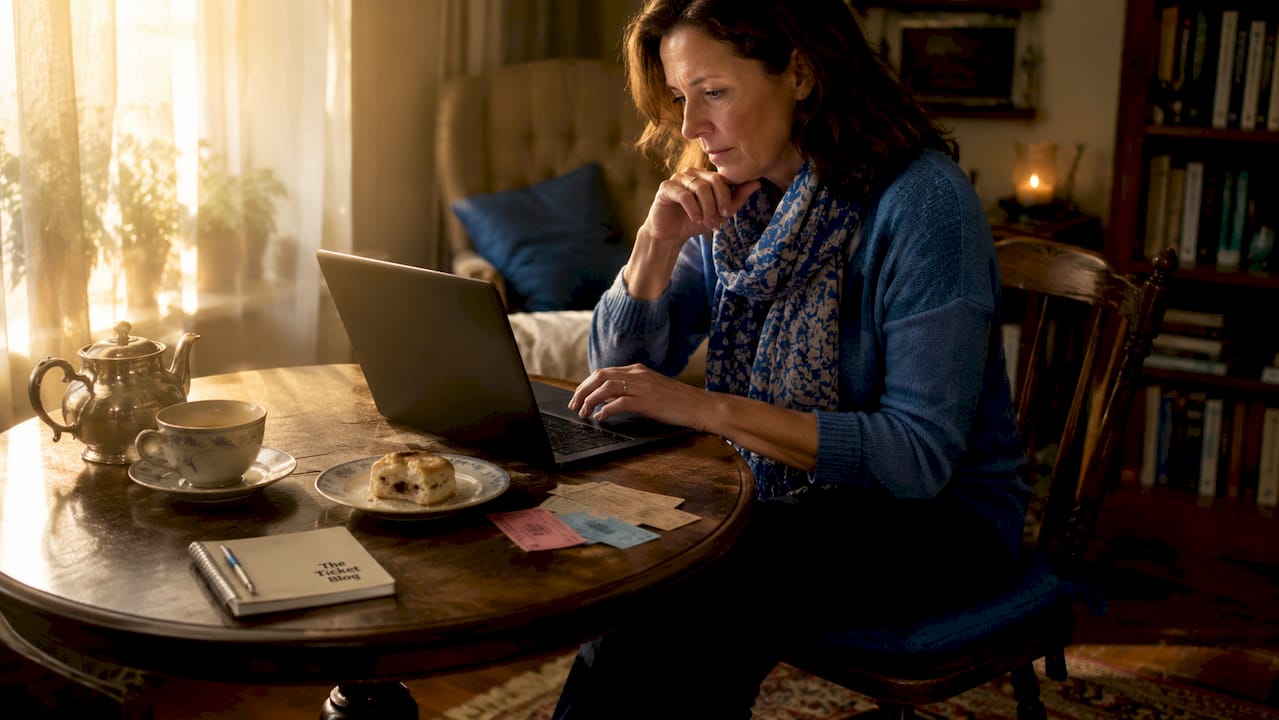 Woman buying dinner theater tickets online at home