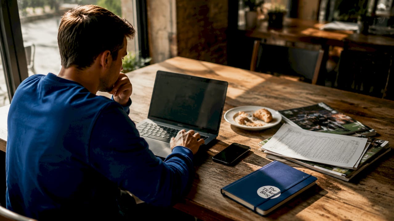 Fan researching sports ticket bundles at home