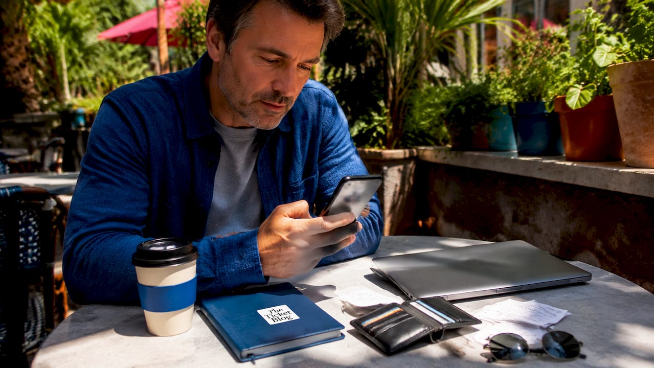 Hands holding smartphone with credit card app