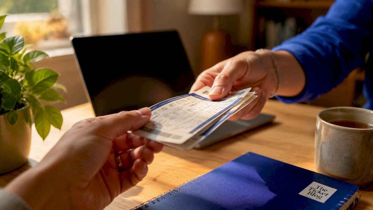 Close-up hands exchanging event tickets