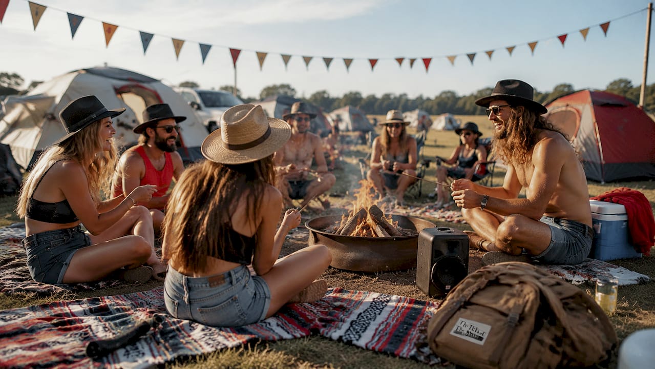 Festival campers socializing around campfires at sunset