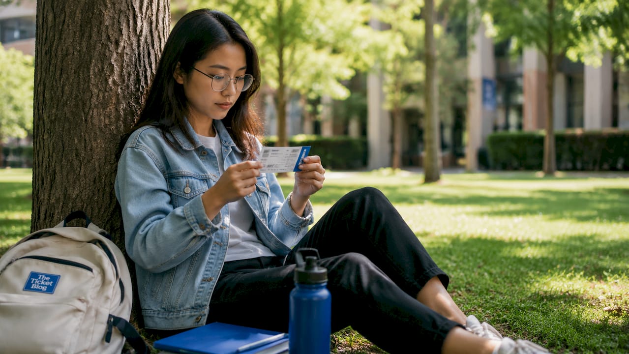 Student examining discounted event ticket indoors