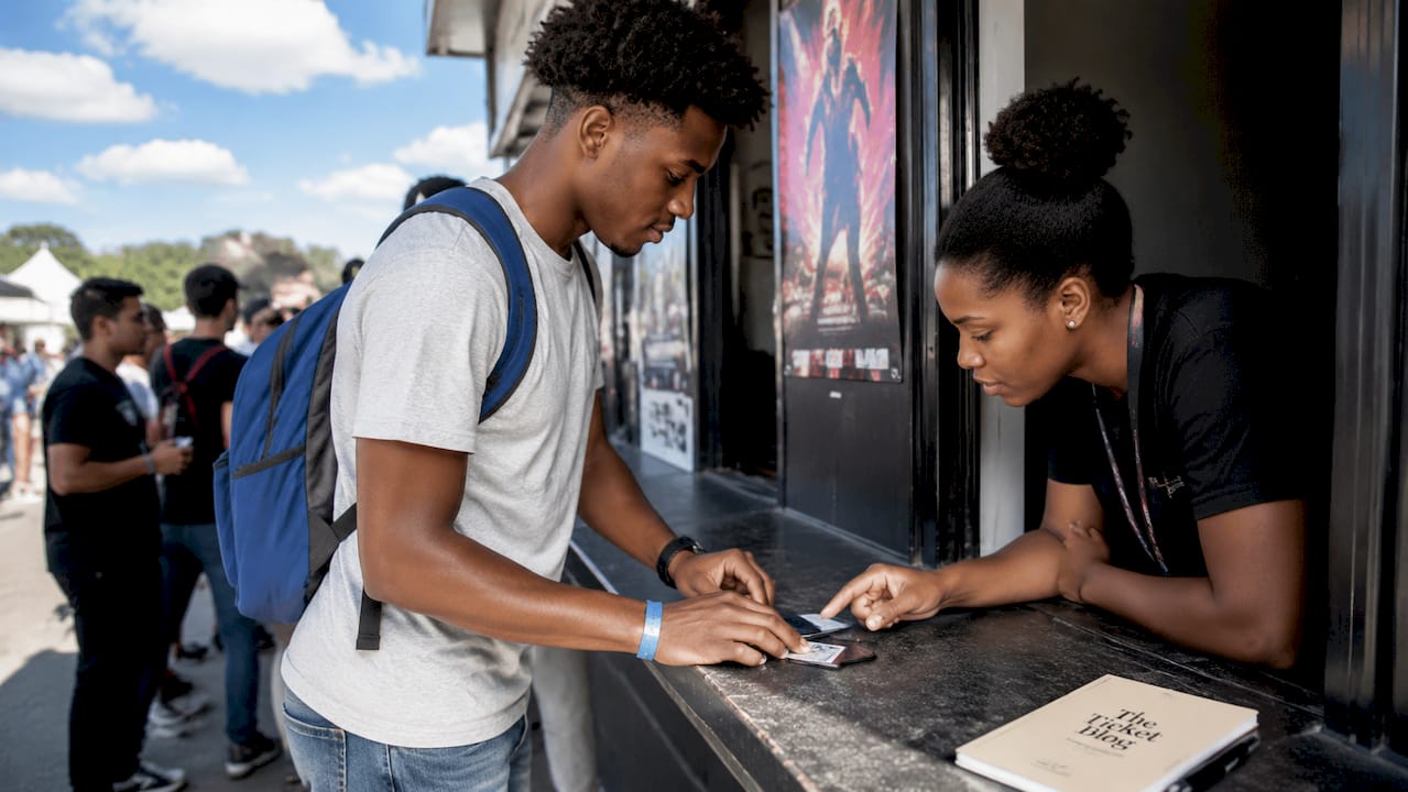Student showing ID and phone for ticket discount