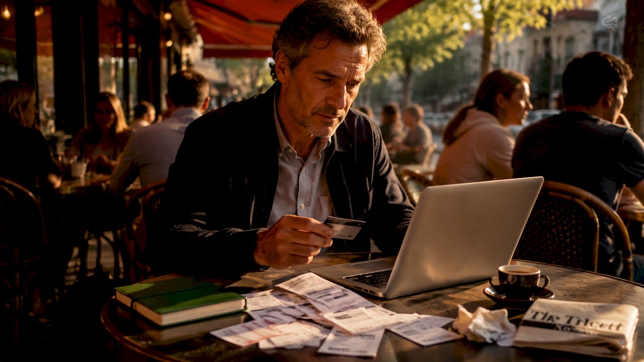 Hands holding credit card over laptop at coffee shop
