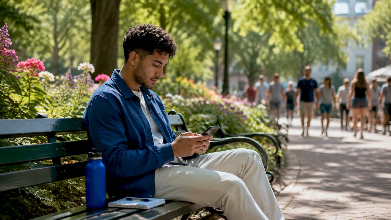 Man researching concert ticket prices at café