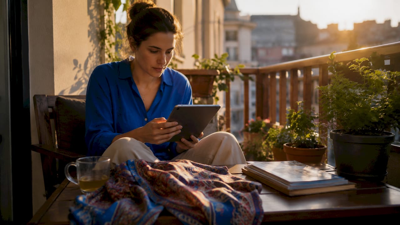 Woman reviewing e-ticket on tablet at kitchen table