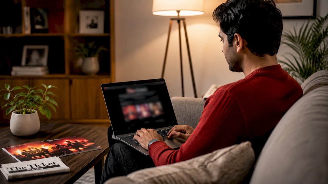 Hands browsing fan club website on desktop computer