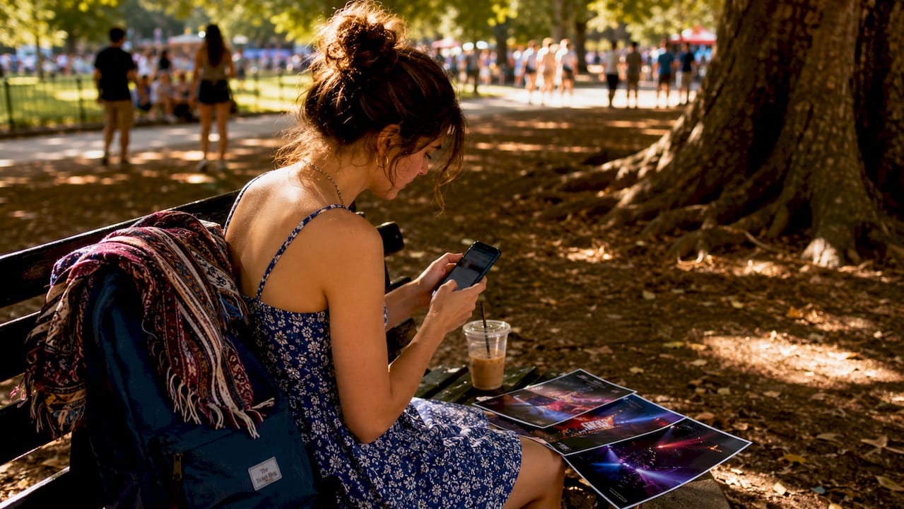Woman searching concert tickets on phone at café
