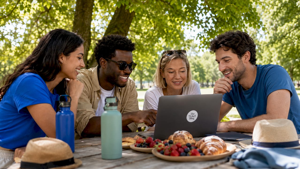 Friends discussing group bundle ticket options at café