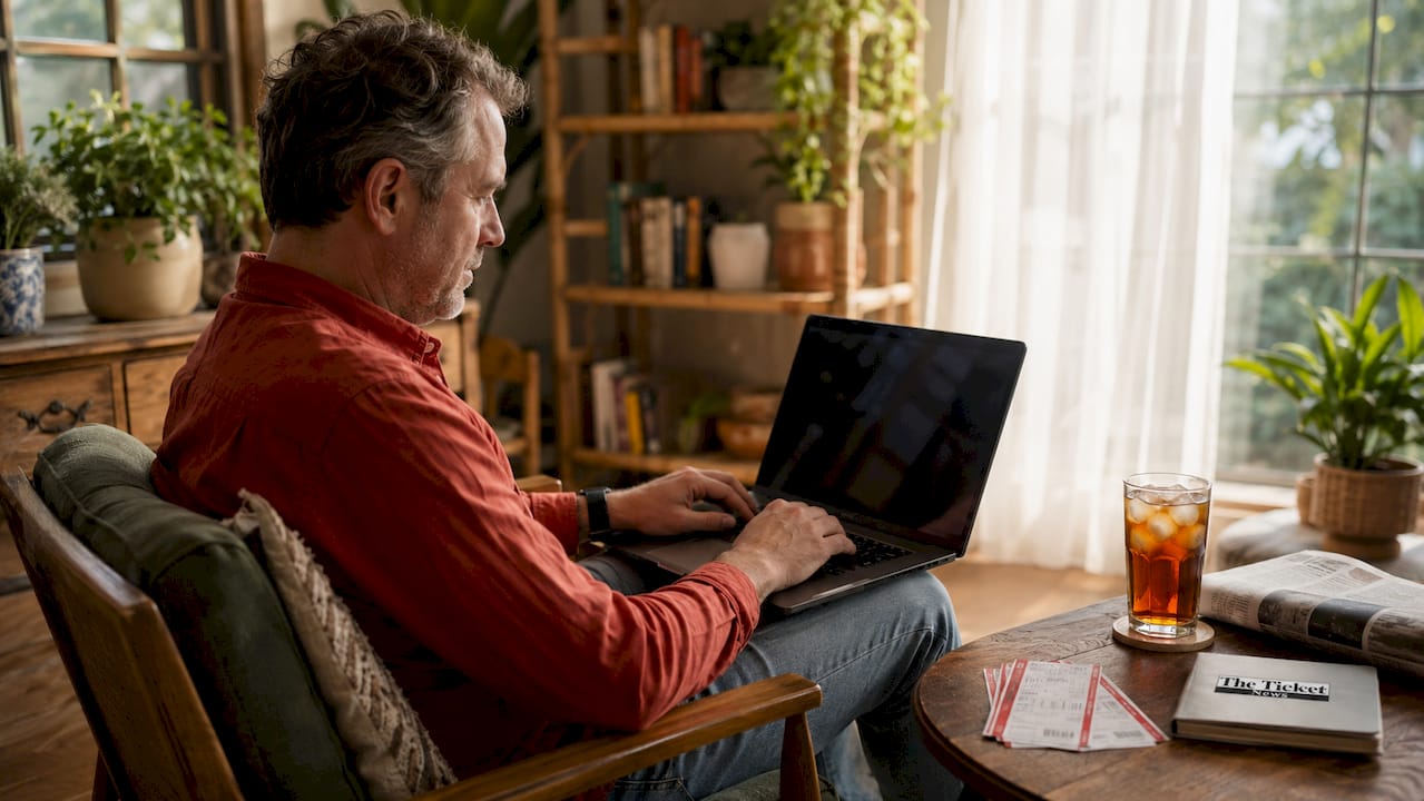 Man buying VIP tickets on laptop at home office