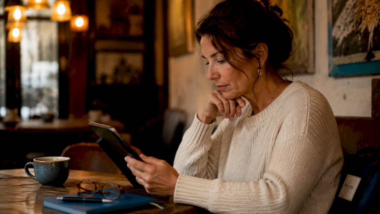 Woman reviewing ticket bundles on tablet at kitchen table