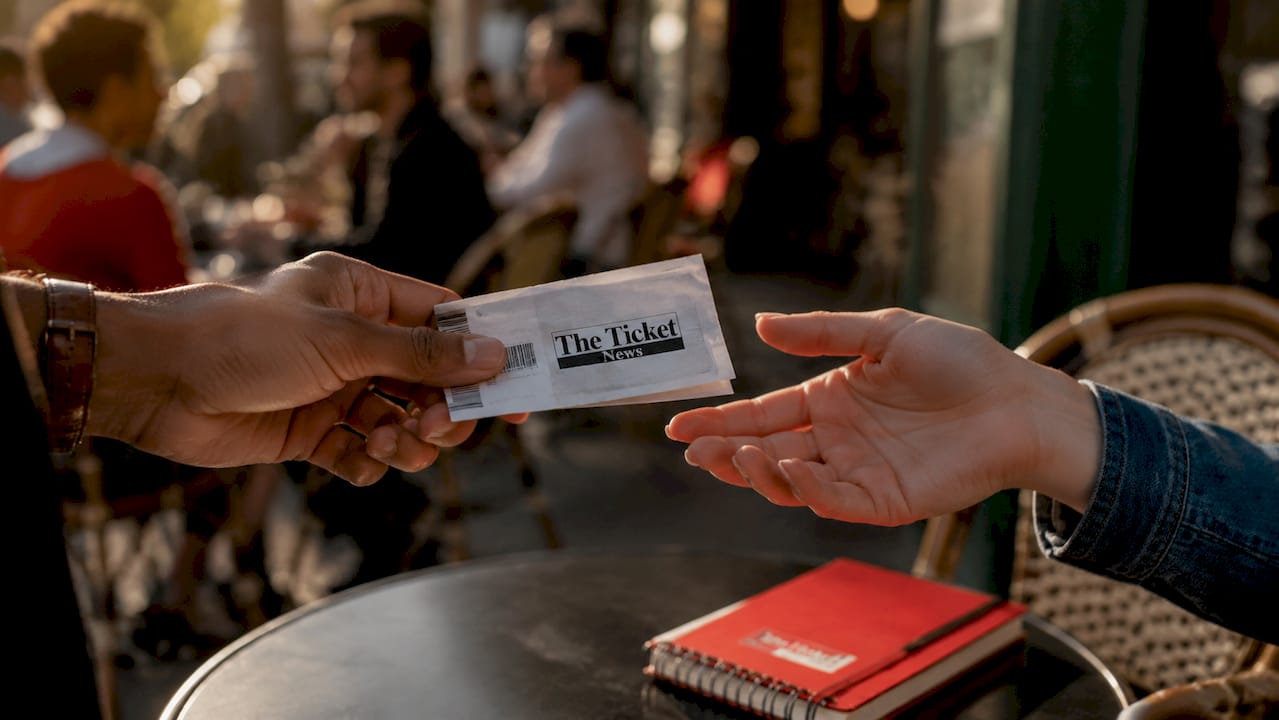 Close-up of hands exchanging event ticket outdoors