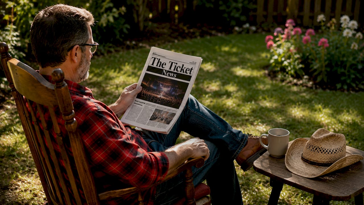 Man reading country festival newsletter at home kitchen table