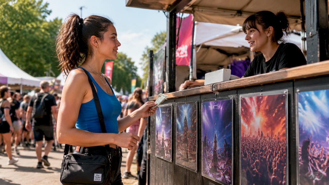 Woman purchasing concert tickets at venue box office