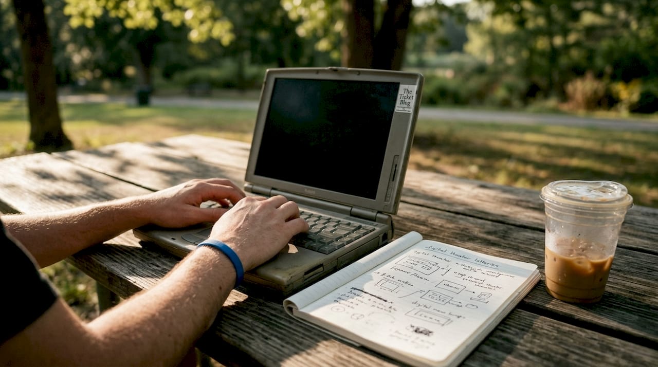 Hands typing on laptop entering theater lotteries