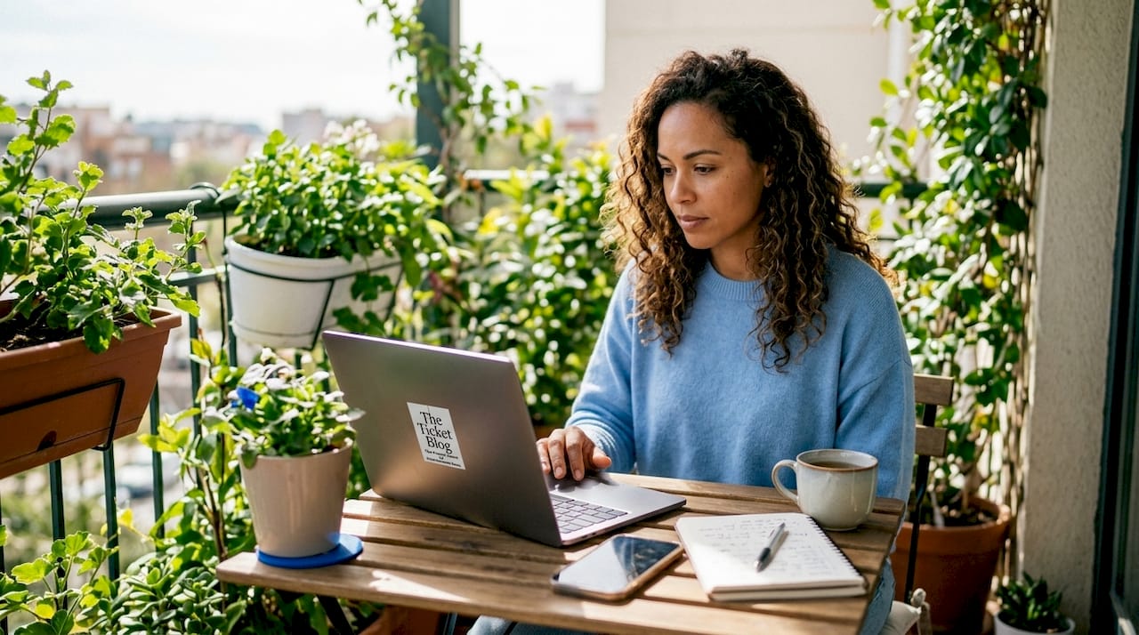 Woman browsing ticket resale websites at kitchen table