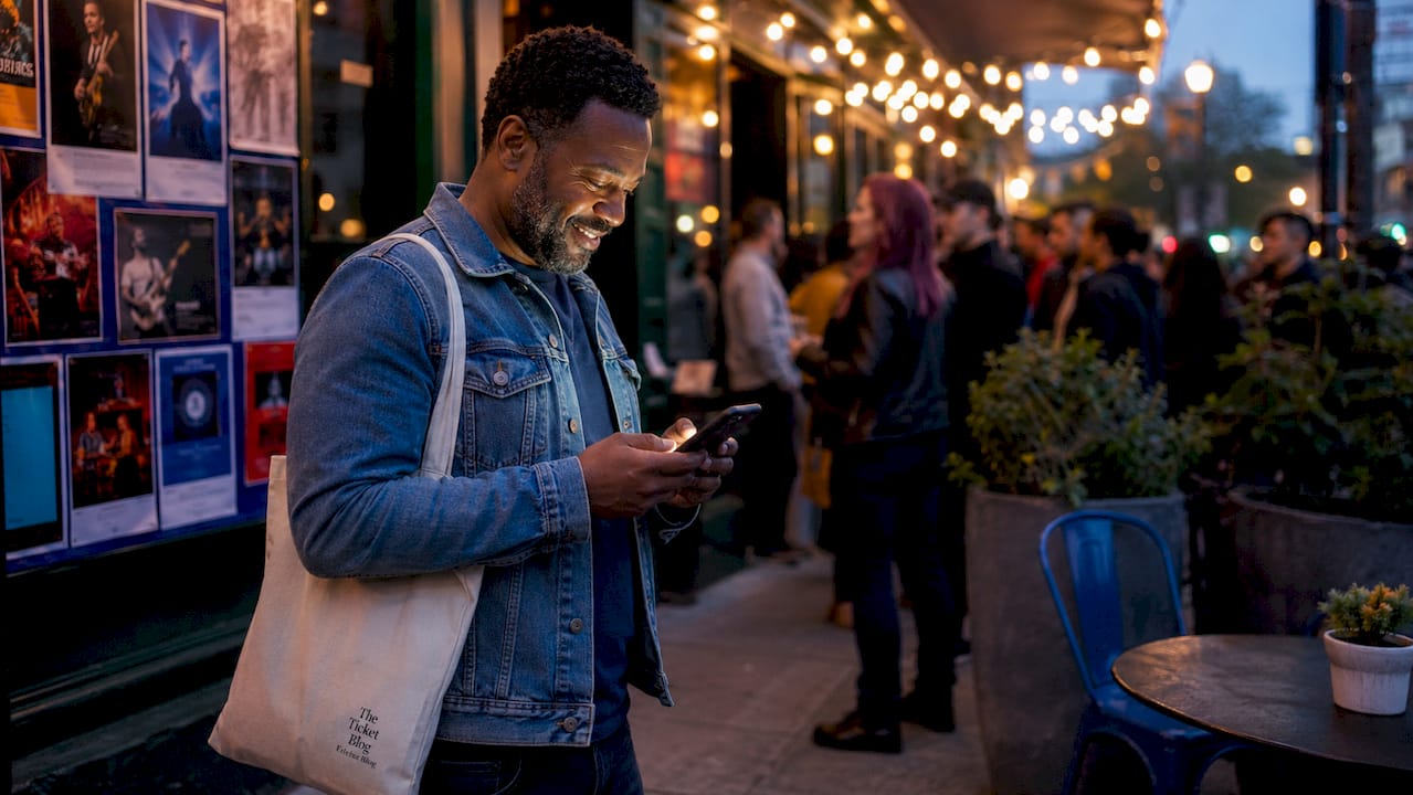 Man buying last-minute concert tickets outdoors