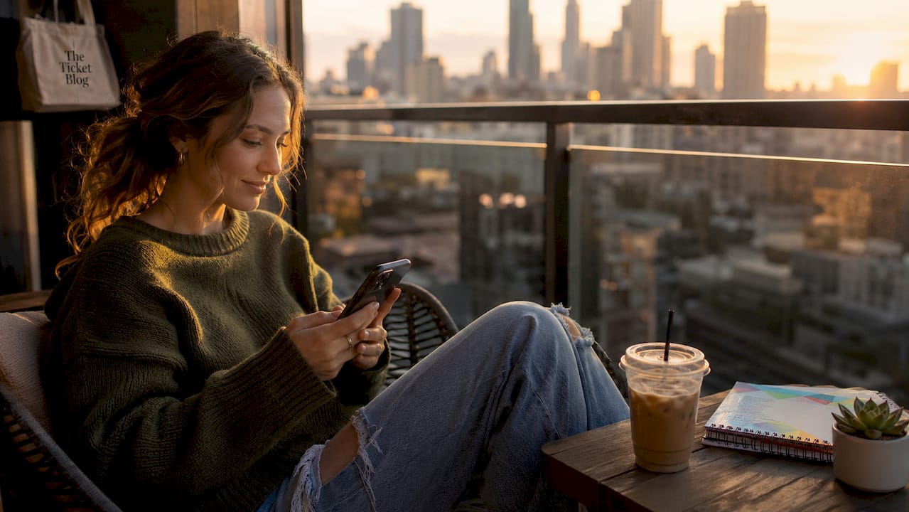 Woman sharing referral ticket discount link on phone