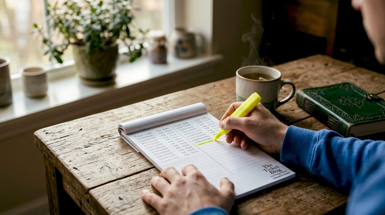 Hands writing promo codes in notebook
